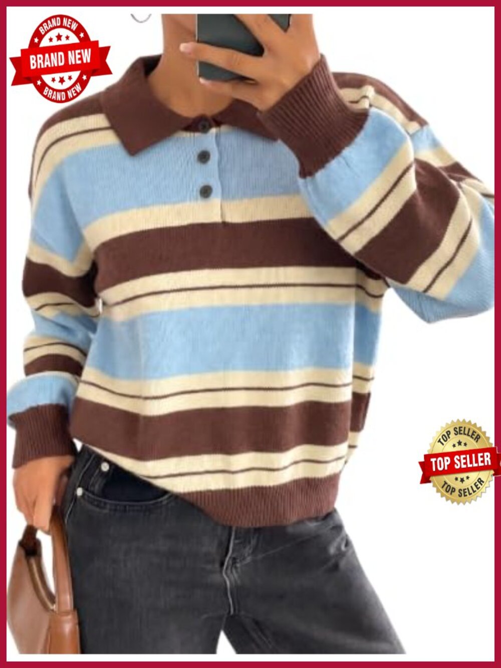 Oversized Striped Button Up Sweater Lantern Sleeve V-Neck Pullover